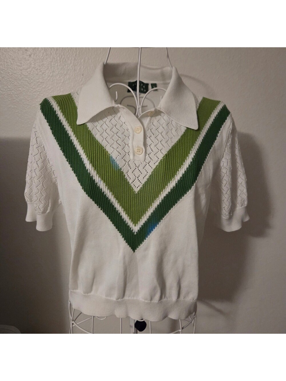 Tanya Taylor Women's Knit Polo Shirt with Green Chevron Detail, Size S